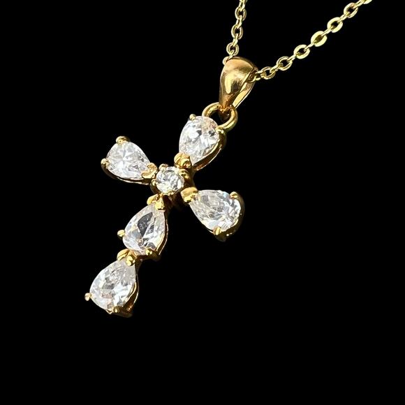 Unbranded Jewelry - Cross Pendant Necklace Rhinestones Open Back Delicate Goldtone Chain Elegant 15"